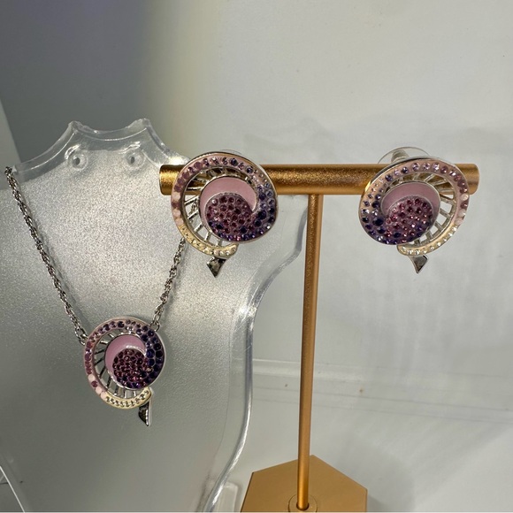 Vintage Swarovski Crystal Swirl Necklace & Earrings Set Purple Pink Silver Tone - Picture 5 of 9